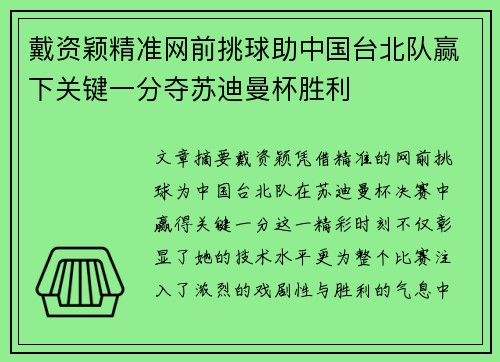 戴资颖精准网前挑球助中国台北队赢下关键一分夺苏迪曼杯胜利