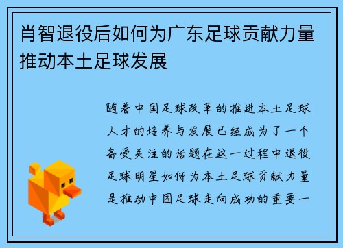 肖智退役后如何为广东足球贡献力量推动本土足球发展 肖智退役后如何为广东足球贡献力量推动本土足球发展