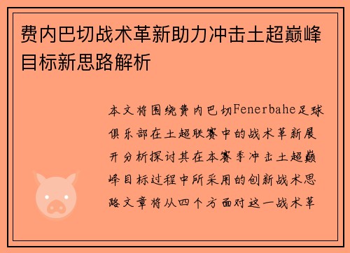 费内巴切战术革新助力冲击土超巅峰目标新思路解析 费内巴切战术革新助力冲击土超巅峰目标新思路解析