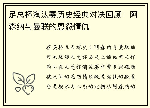 足总杯淘汰赛历史经典对决回顾：阿森纳与曼联的恩怨情仇