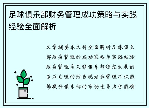 足球俱乐部财务管理成功策略与实践经验全面解析 足球俱乐部财务管理成功策略与实践经验全面解析
