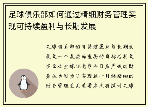 足球俱乐部如何通过精细财务管理实现可持续盈利与长期发展